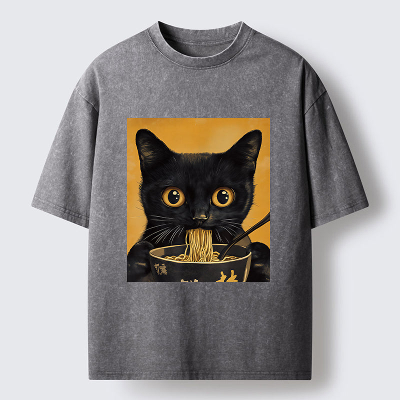Unisex Cute Black Cat Eating A Big Bowl Of Ramen Washed T-Shirt