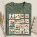 Unisex Vintage Valentines Stamps Washed Folded T-shirt