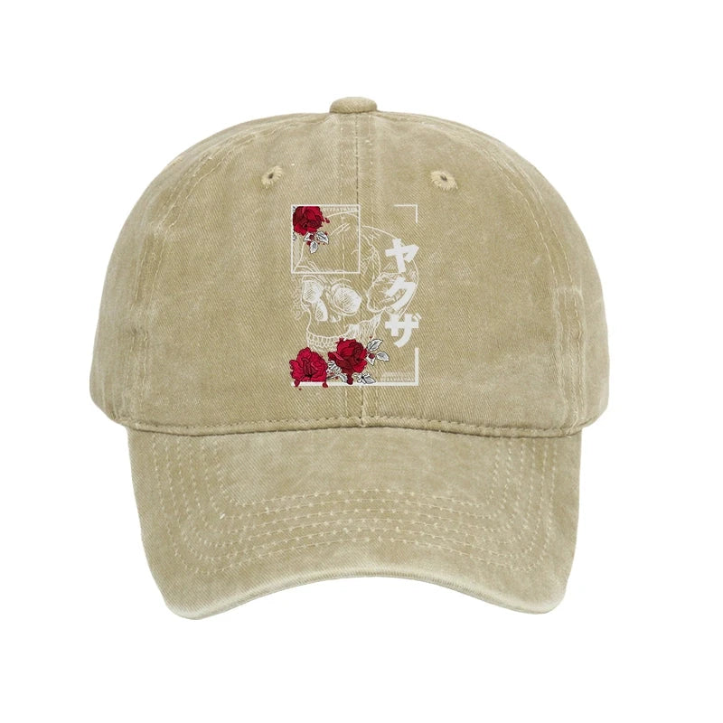 Skull Roses Japanese Aesthetic Washed Cap