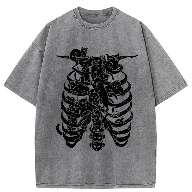 Cat Lying On The Skeleton Washed T-Shirt