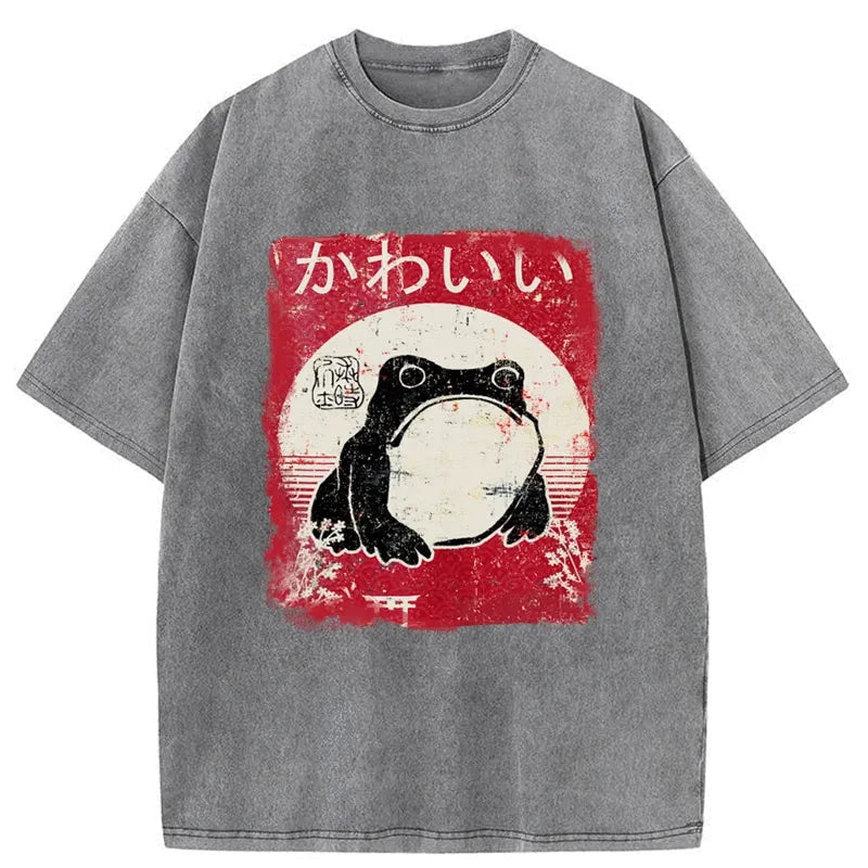 Woodblock Print Grumpy Frog Washed T-Shirt