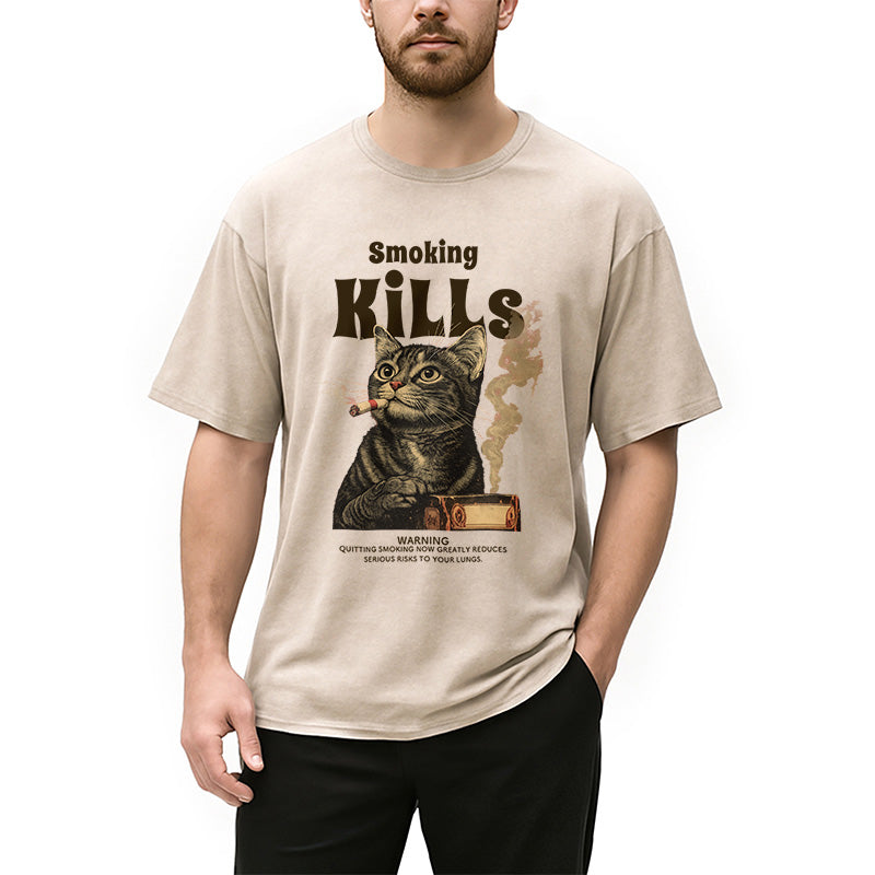 Smoking Mills Cat Meme Washed T-Shirt