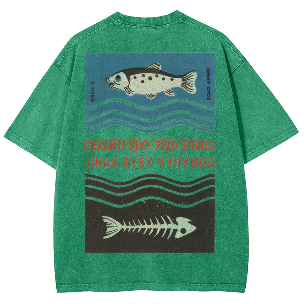 Fish And Fish Bone Washed Vintage Short Sleeves T-Shirt