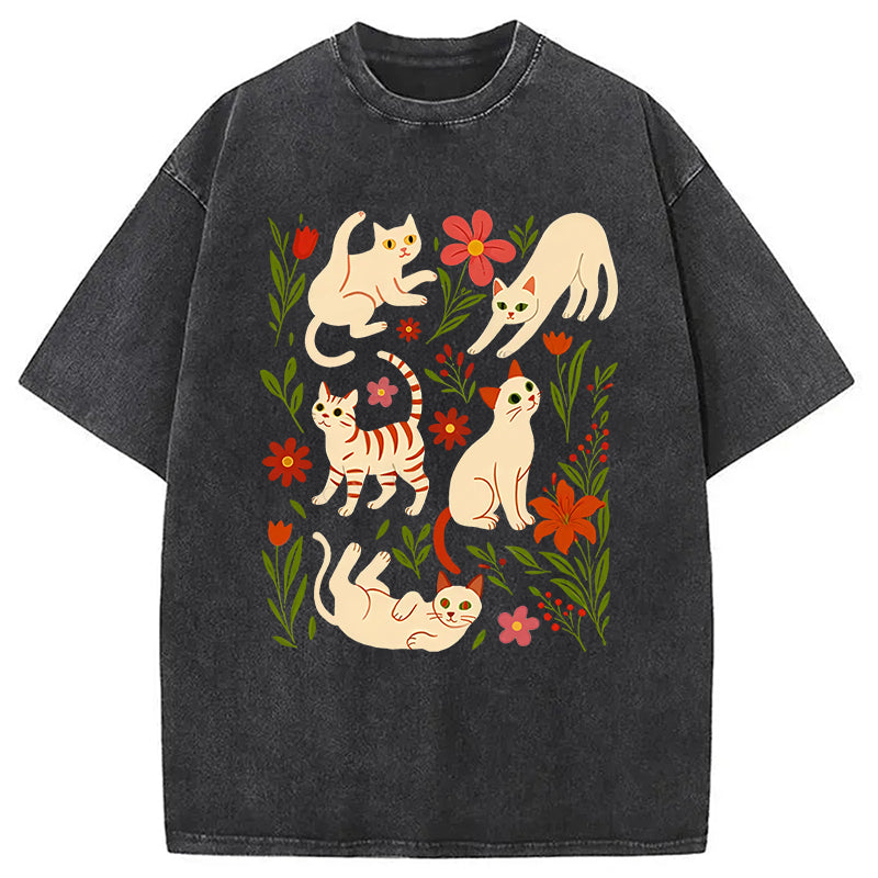 Cats And Flowers Washed T-Shirt