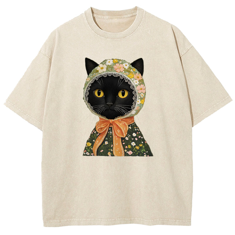 Cat Printed Vintage Washed T-Shirt