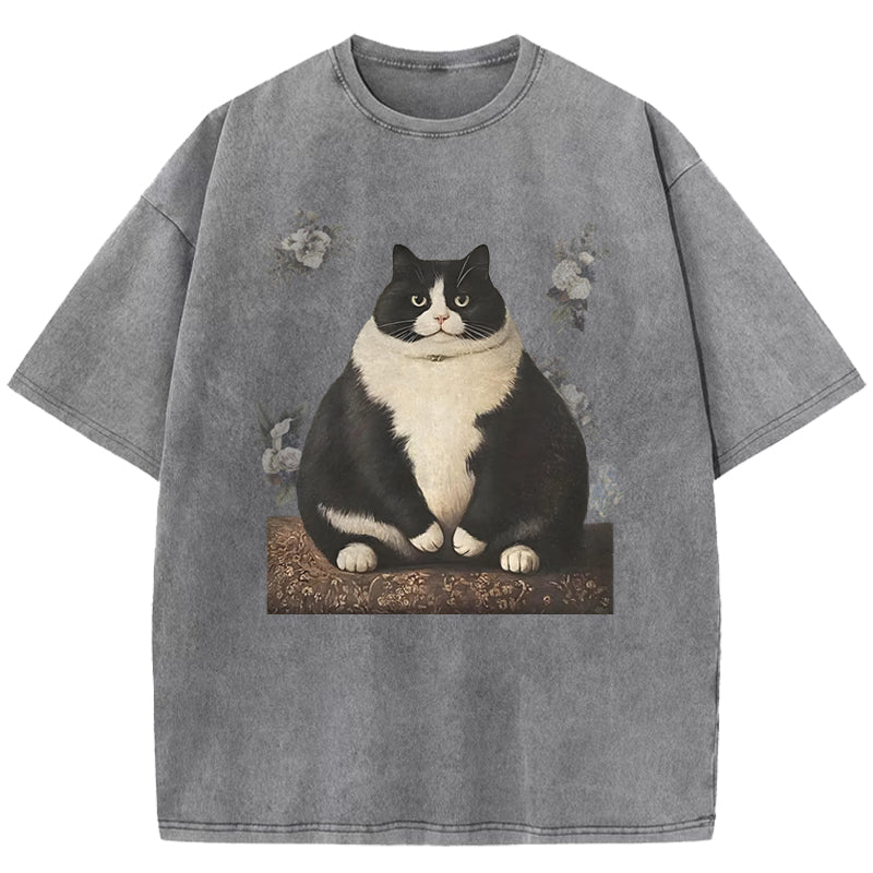Cute Big Fat Cat Print Washed T-Shirt