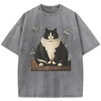 Cute Big Fat Cat Print Washed T-Shirt