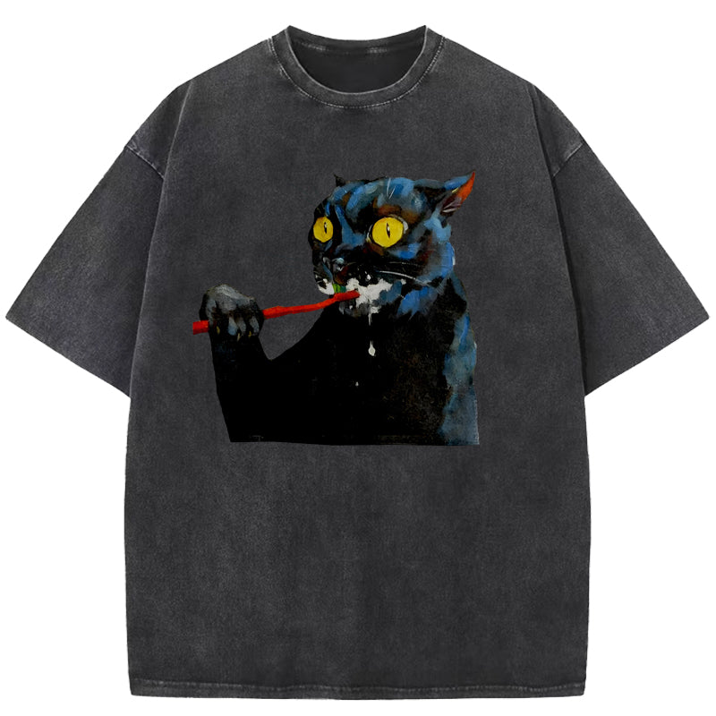 Brushing Cat Art Print Washed T-Shirt