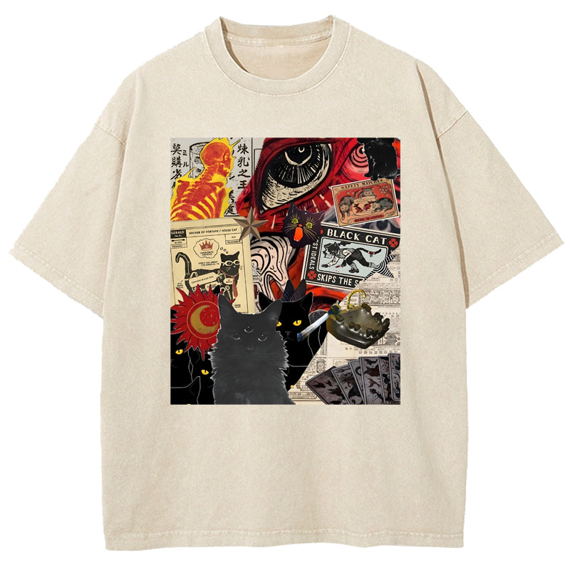 Harajuku cat illustration Washed T-Shirt