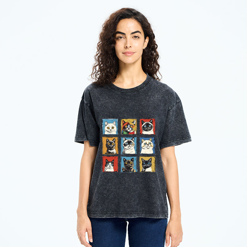 Unisex Pop Art Cat Washed T-Shirt