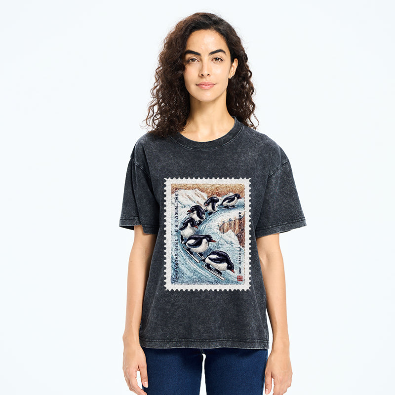Unisex Gliding Penguin Stamp Washed T-Shirt