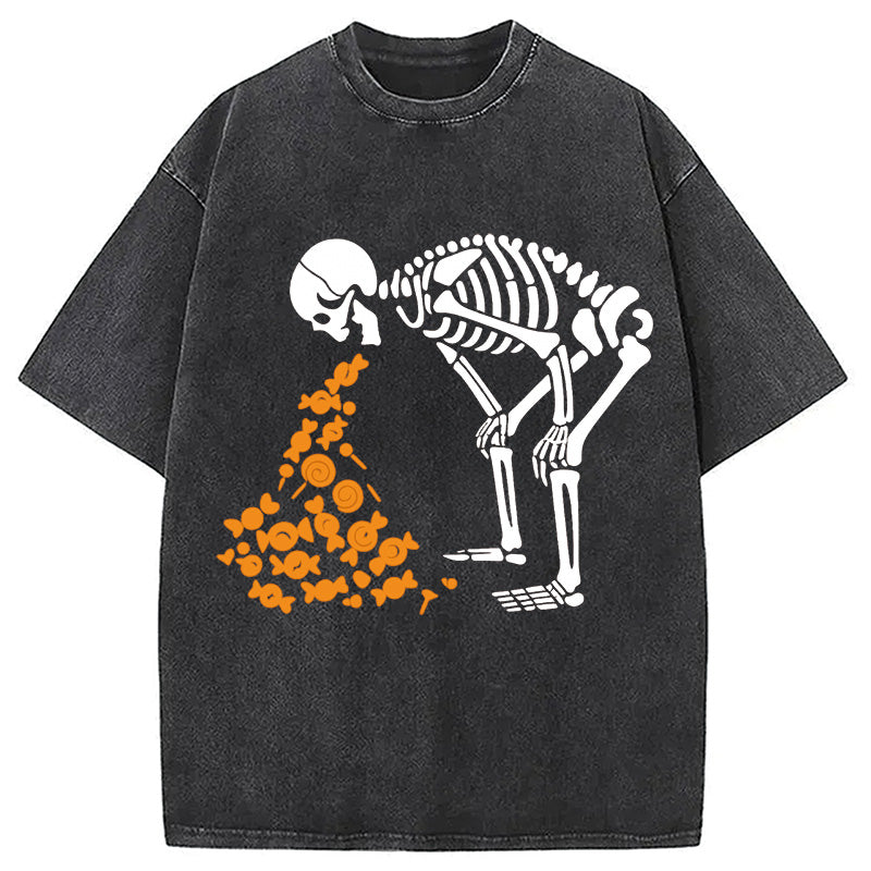 Candies Funny Halloween Skeleton Washed T-Shirt