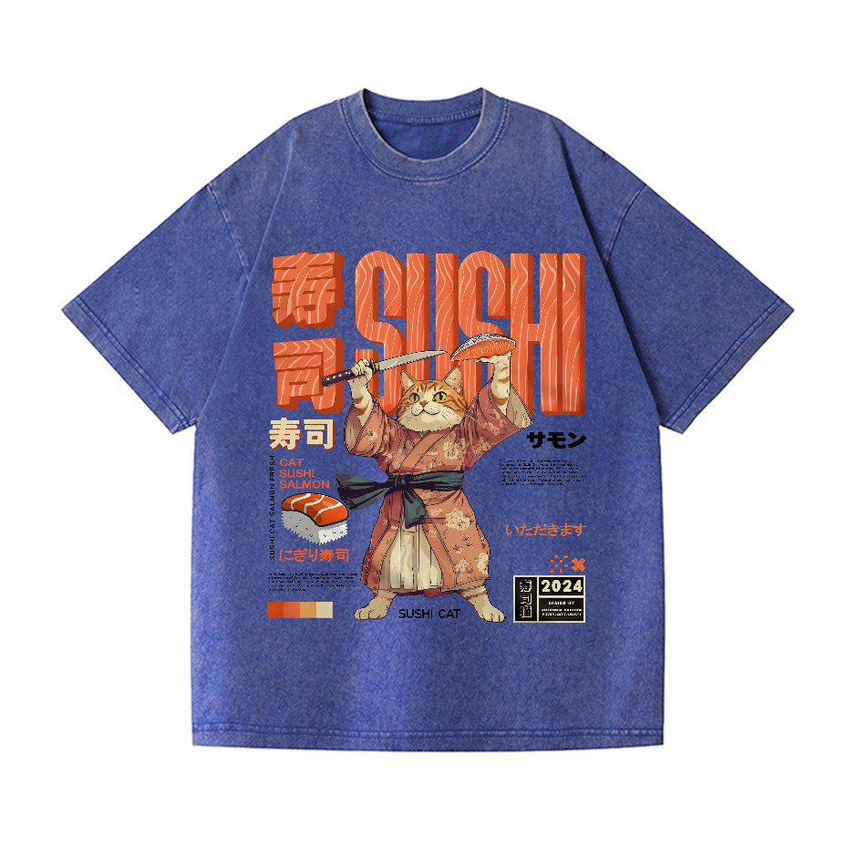 Sushi Cat Salmon Vintage Wash Japanese Design T-Shirt