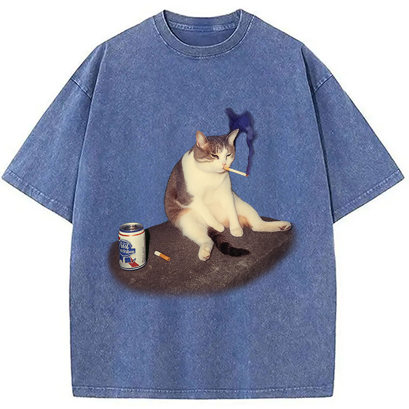 Custom Cat Smoking Meme Washed T-Shirt