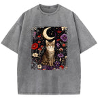 Cat And Moonlit Night Washed T-Shirt