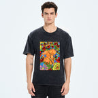Unisex Colorful Orange Cats And Flowers Washed T-Shirt