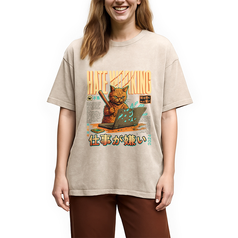 A Cat That Hates Working Washed T-Shirt
