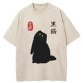 Japanese Cute Black Cat Washed T-Shirt