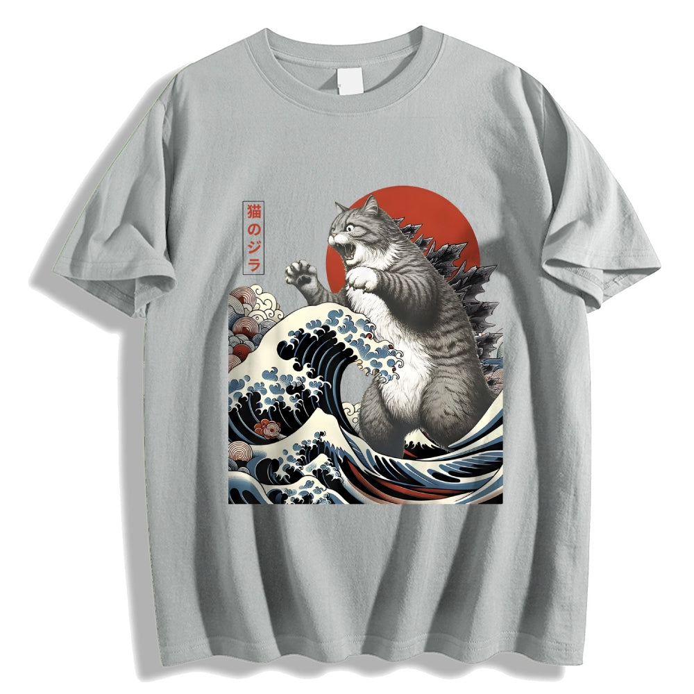 Cat Godzilla Ukiyoe Great Wave Japanese Style Classic Tee