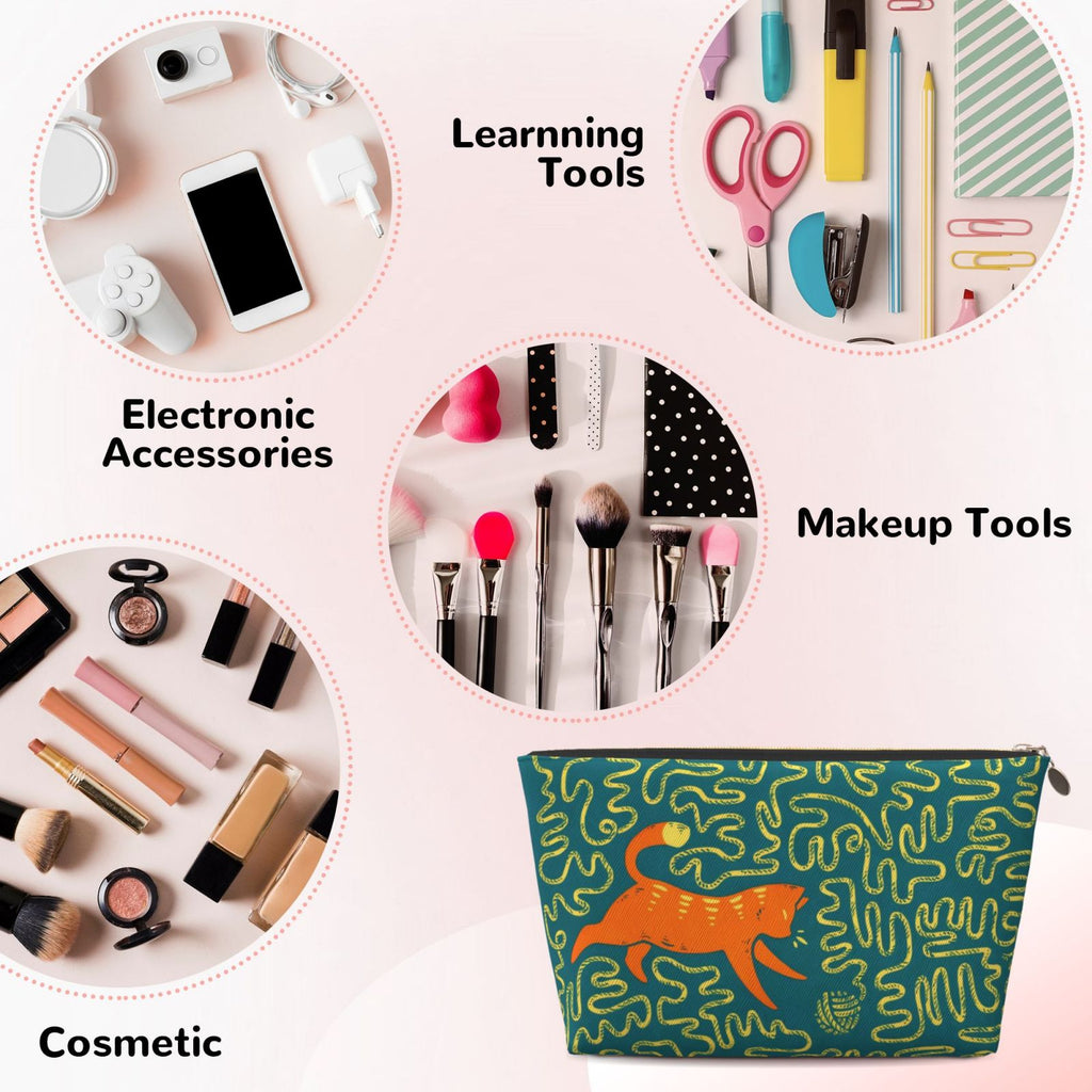 Cat Playing Yarn Lines Printed Makeup Bag