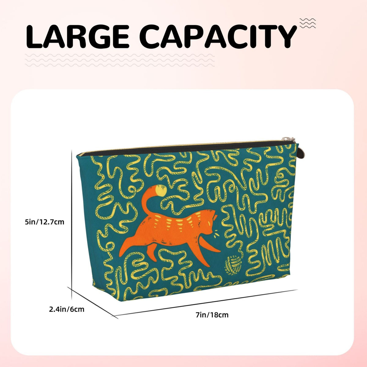 Cat Playing Yarn Lines Printed Makeup Bag
