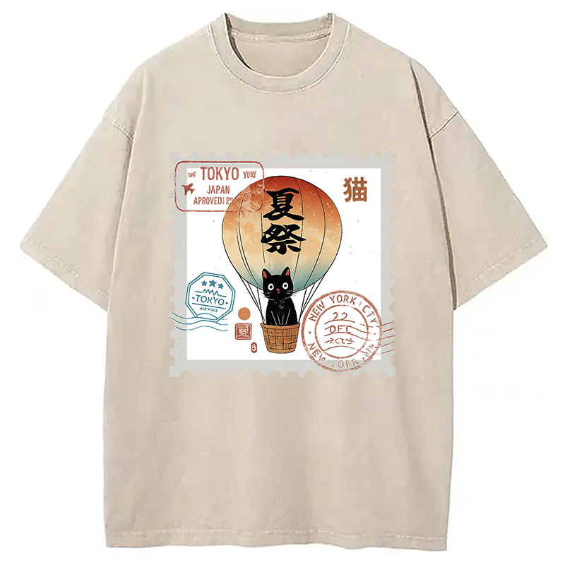 Japanese Cat Stamp Washed T-Shirt