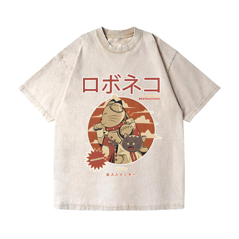Cat Robot Vintage Wash Japanese Design T-Shirt