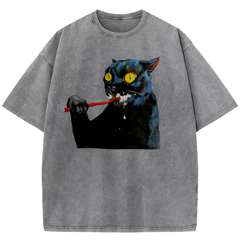 Brushing Cat Art Print Washed T-Shirt