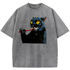 Brushing Cat Art Print Washed T-Shirt