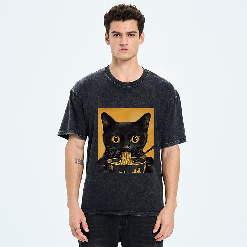 Unisex Cute Black Cat Eating A Big Bowl Of Ramen Washed T-Shirt