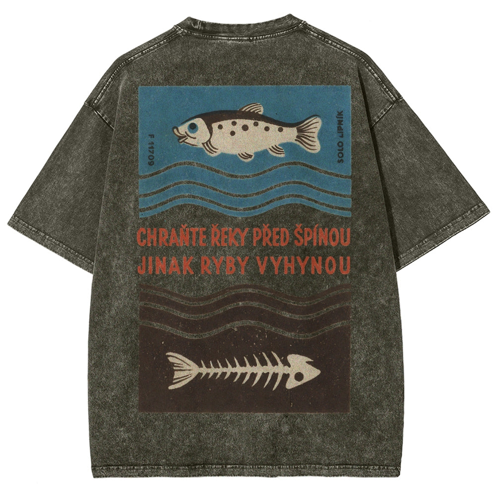 Fish And Fish Bone Washed Vintage Short Sleeves T-Shirt