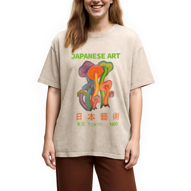 Colorful Mushrooms Japanese Art Washed T-Shirt