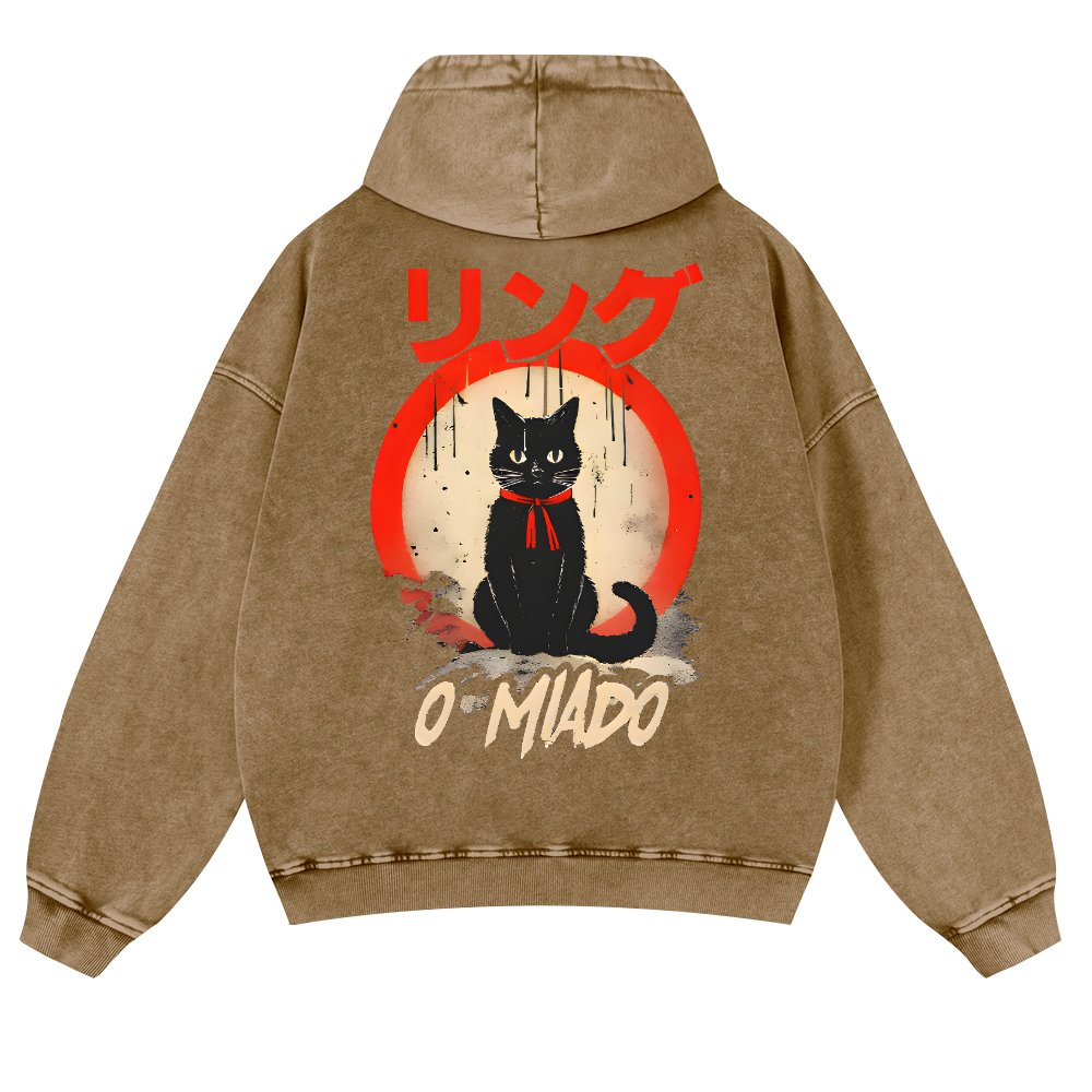 Black Cat Vintage Washed Cotton Back Art Hoodie