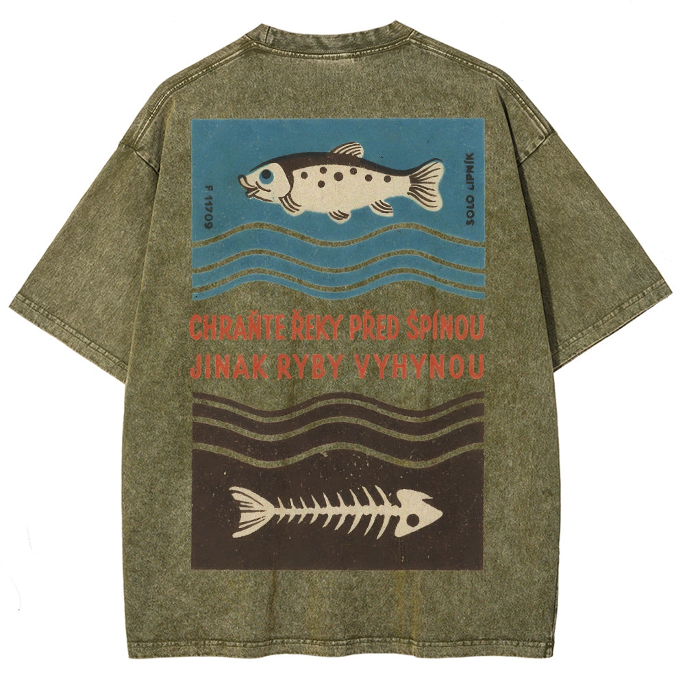 Fish And Fish Bone Washed Vintage Short Sleeves T-Shirt