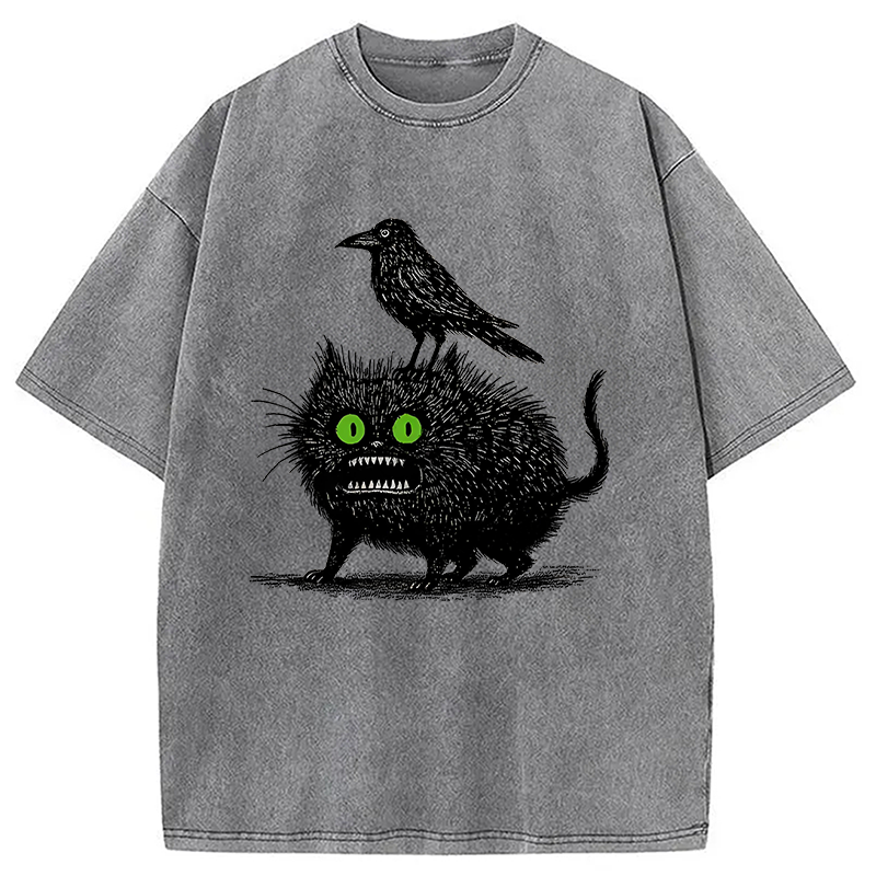 Crow And Black Cat Washed T-Shirt