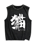 Cat With Oni Mask Tattoo Vintage Distressed Washed Tank Top
