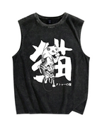 Cat With Oni Mask Tattoo Vintage Distressed Washed Tank Top