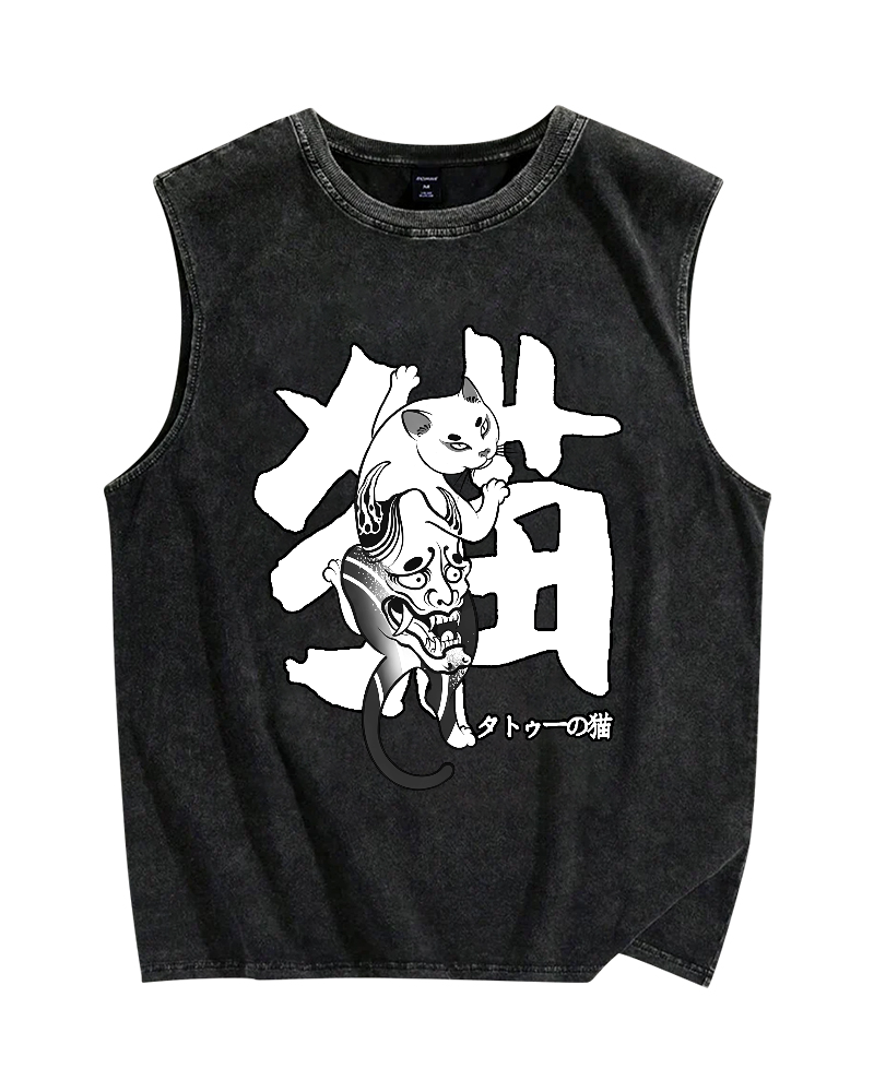 Cat With Oni Mask Tattoo Vintage Distressed Washed Tank Top