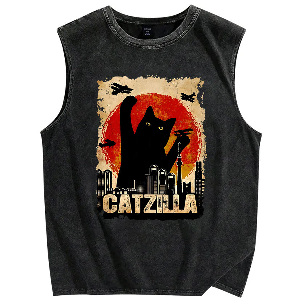 Unisex Catzilla Printed Washed Tank Top
