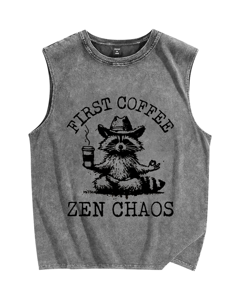 First Coffee Zen Chaos Raccoon Vintage Distressed Washed Tank Top