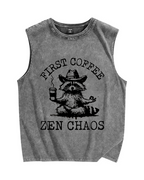 First Coffee Zen Chaos Raccoon Vintage Distressed Washed Tank Top