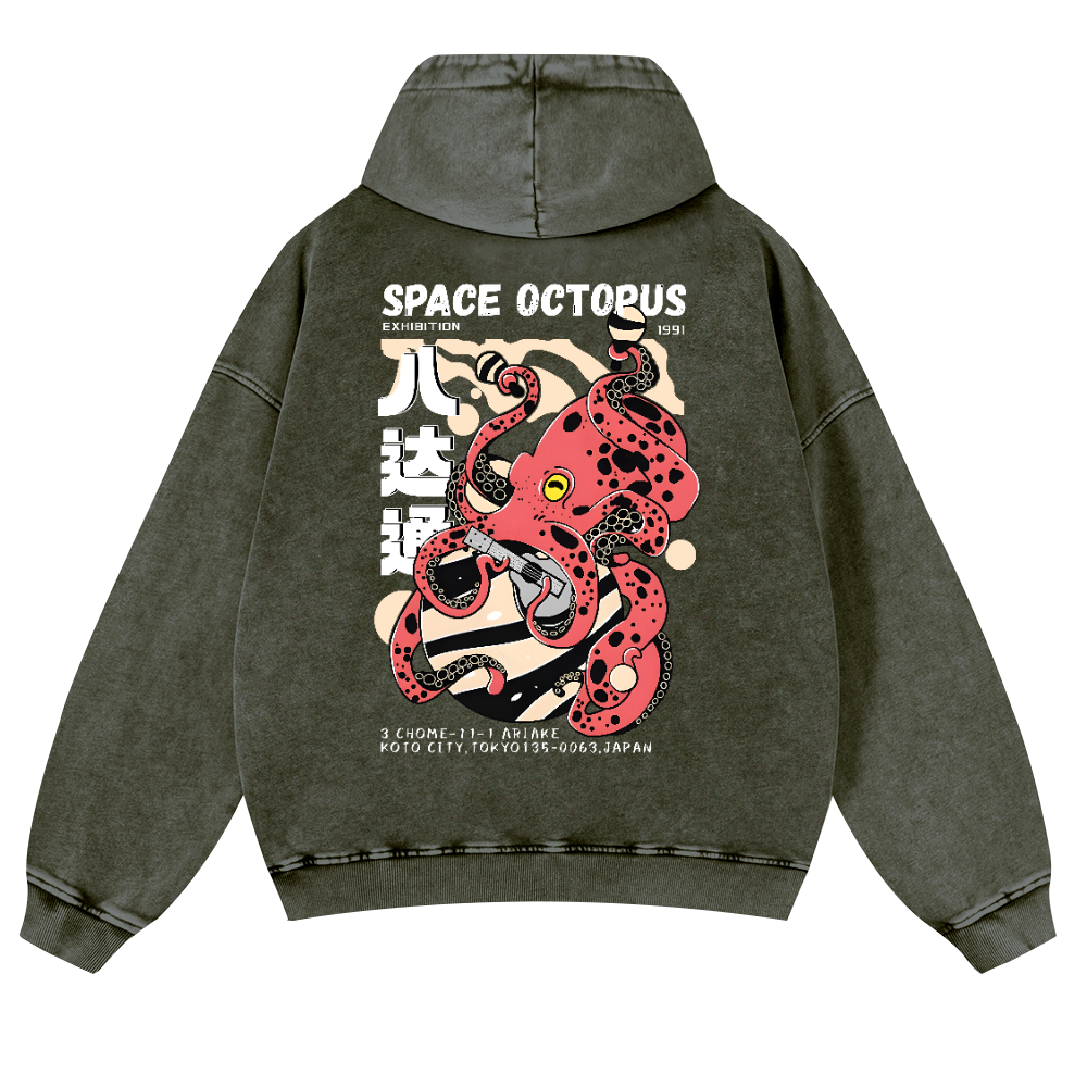 Space Octopus Vintage Washed Cotton Back Art Hoodie