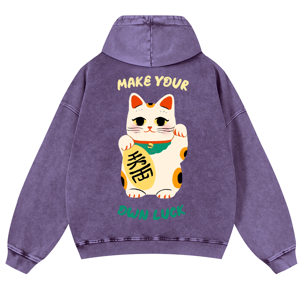 Lucky Cat Vintage Washed Cotton Back Art Hoodie