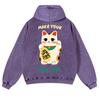 Lucky Cat Vintage Washed Cotton Back Art Hoodie