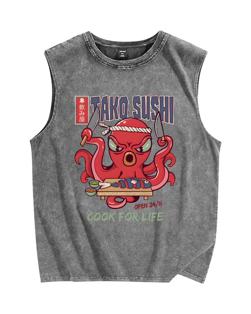 Tako Sushi Octopus Vintage Distressed Washed Tank Top