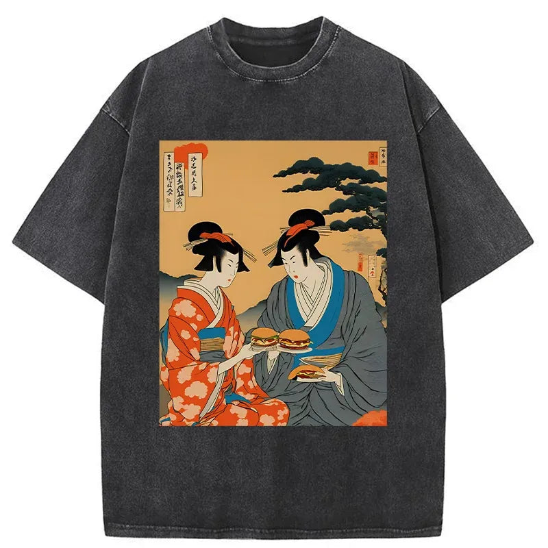 Geisha Eating Burgers Washed T-Shirt