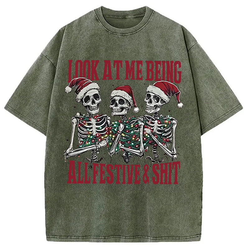 Funny Christmas Skull Washed T-Shirt