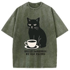 Black Cat Drinking Coffee Washed T-Shirt