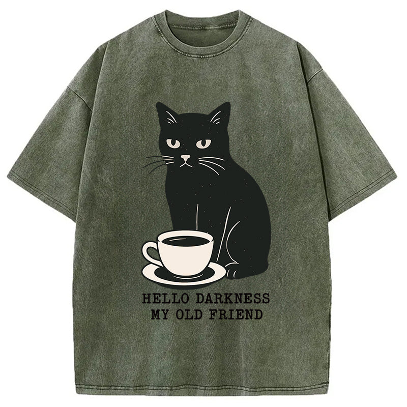 Black Cat Drinking Coffee Washed T-Shirt