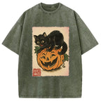 Black Cat And Pumpkin Washed T-Shirt